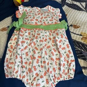 Cherry Print Kids One Piece with Green Polka Dot Accents